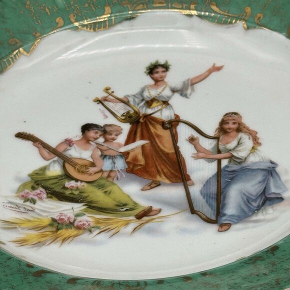 Vtg Unmarked Green Transferware Porcelain Heavenly Choir Decorative Plate Bowl - Picture 3 of 12